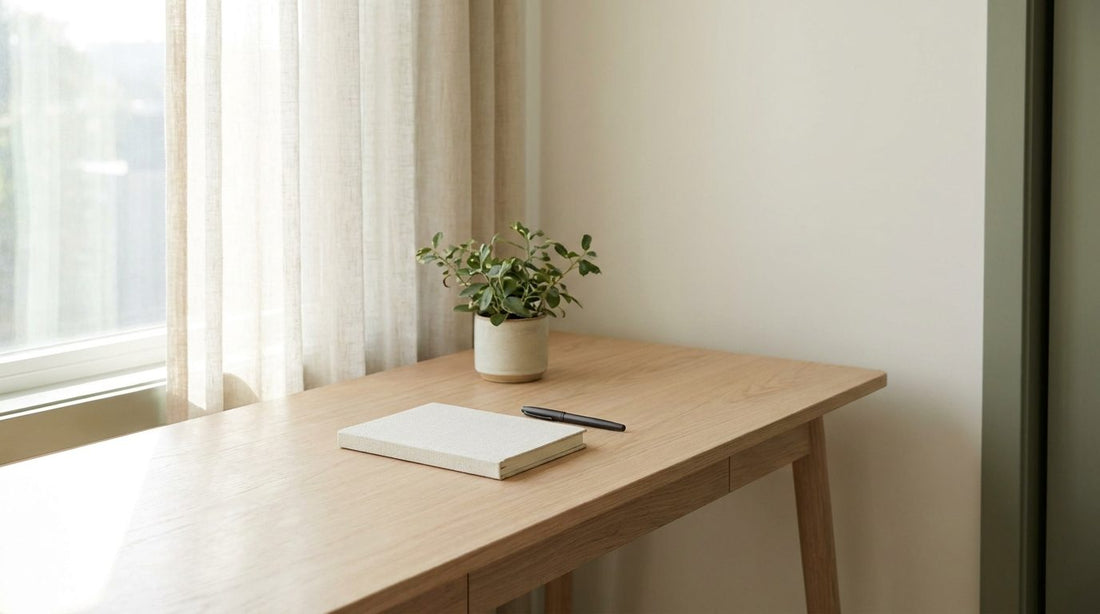 An uncluttered morning desk with a notebook and a plant