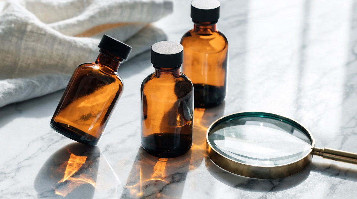 Amber supplement bottles beside a magnifying glass on a marble surface
