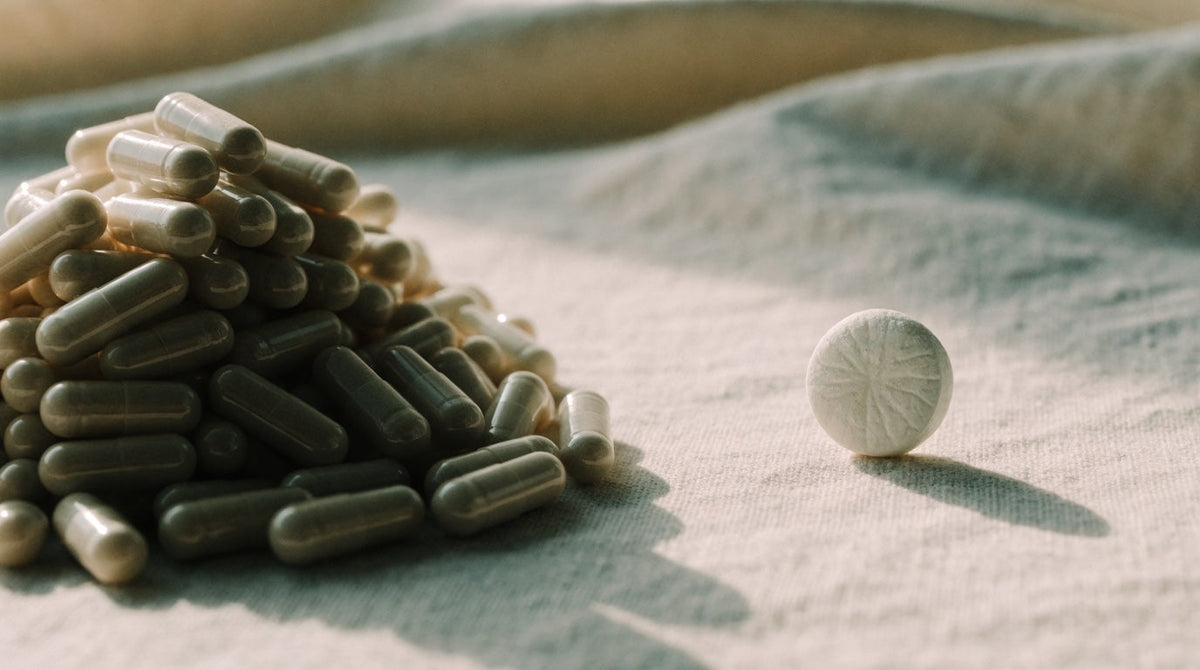 A large pile of capsules beside a single white mint on tan linen