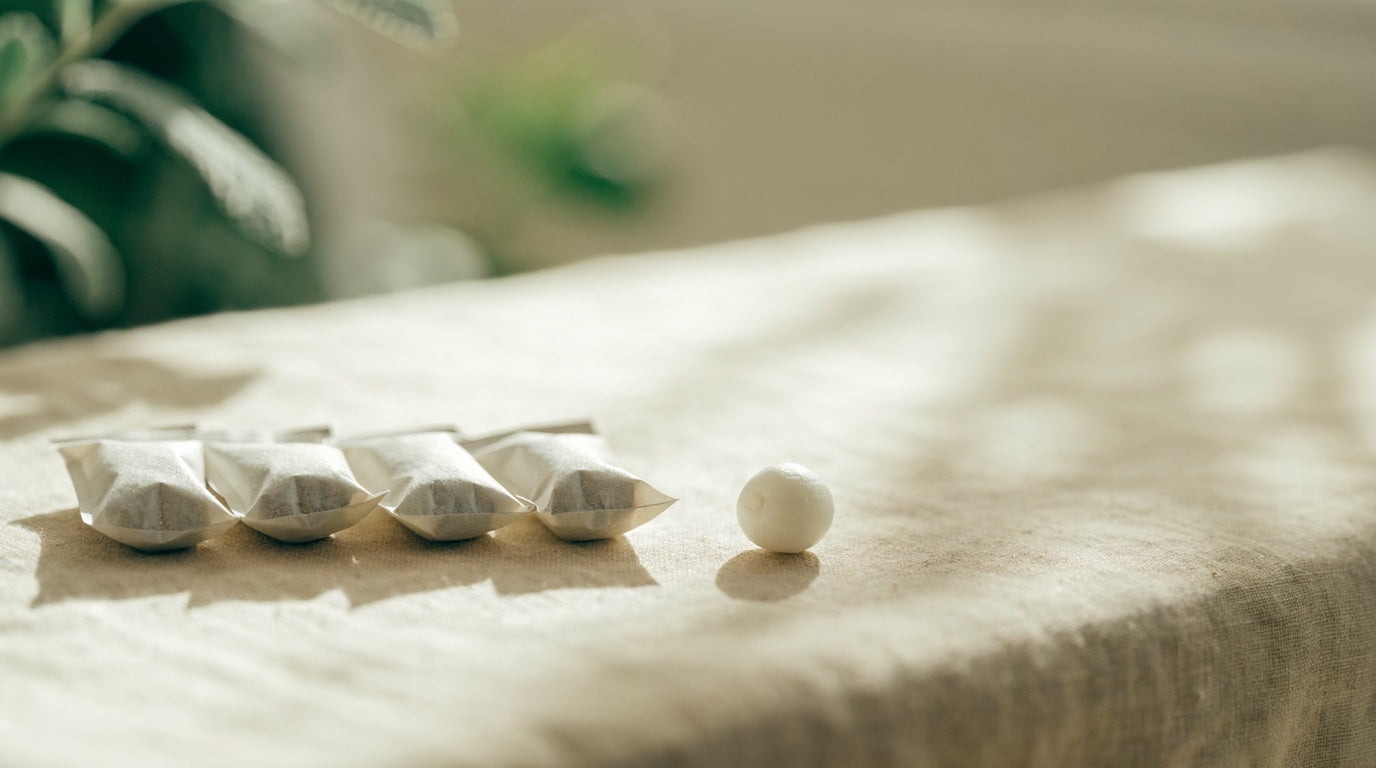 Four paper sachets in a row beside a single white mint on tan linen