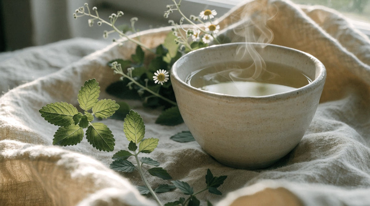 A warm cup of herbal tea beside fresh lemon balm and chamomile sprigs