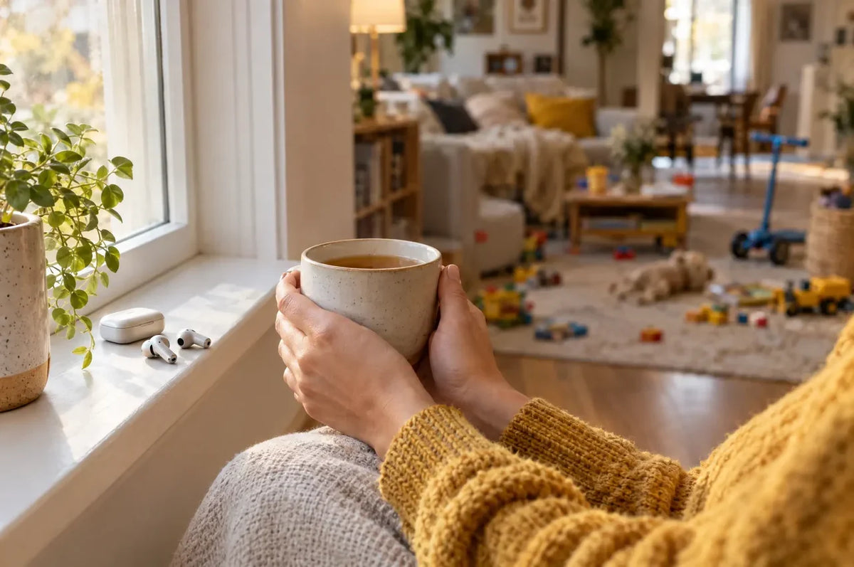 Hands holding a cup of tea by a window with noise-cancelling earbuds on the sill and toys blurred behind