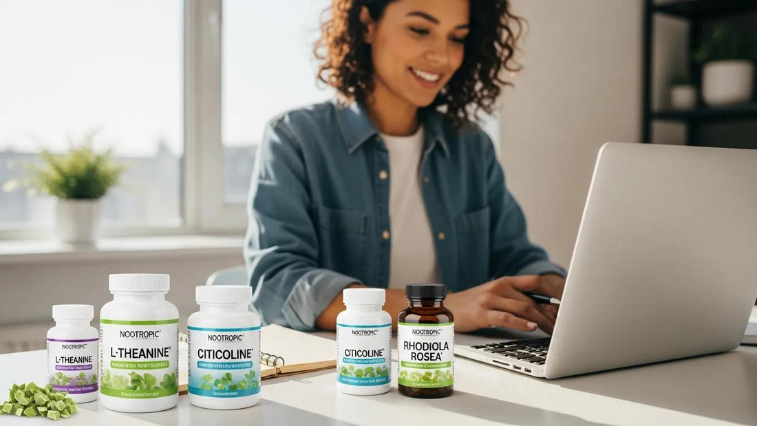 Person focused at a desk with nootropic supplements enhancing cognitive performance