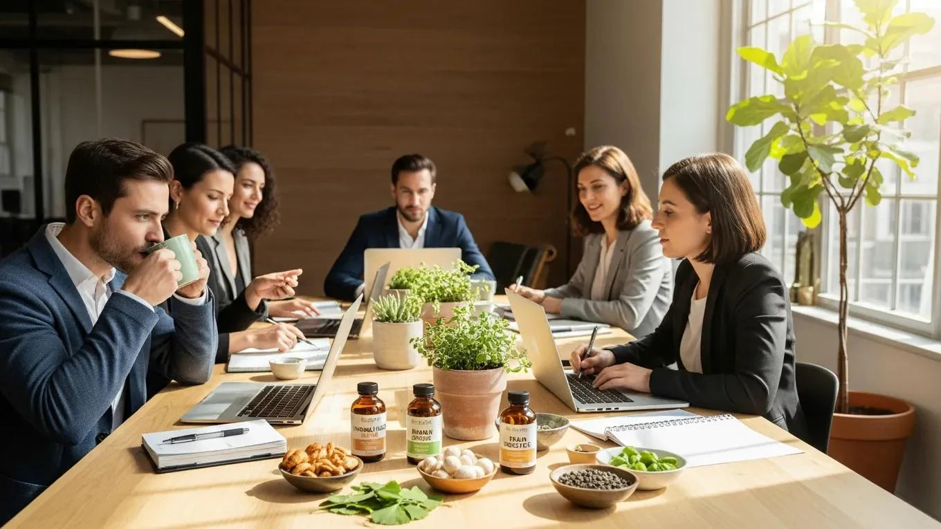 Professionals in a modern office using natural nootropics for enhanced focus and productivity