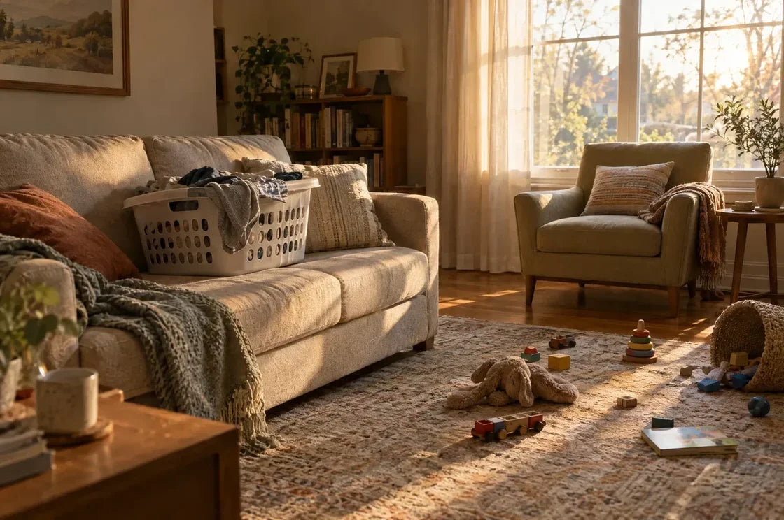 Quiet living room with a half-folded laundry basket, toys on the rug and an armchair in afternoon light