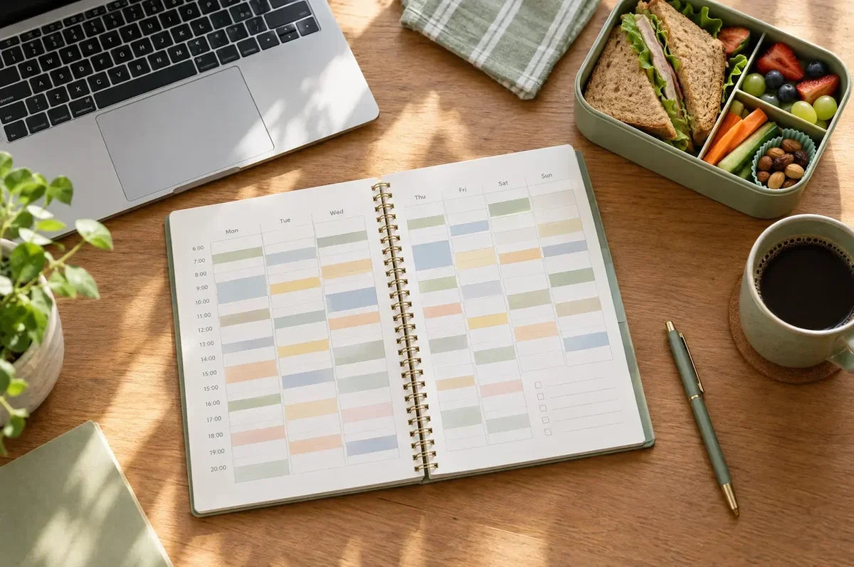 Color-coded weekly planner beside a laptop, a packed lunchbox and a coffee on a sunny desk