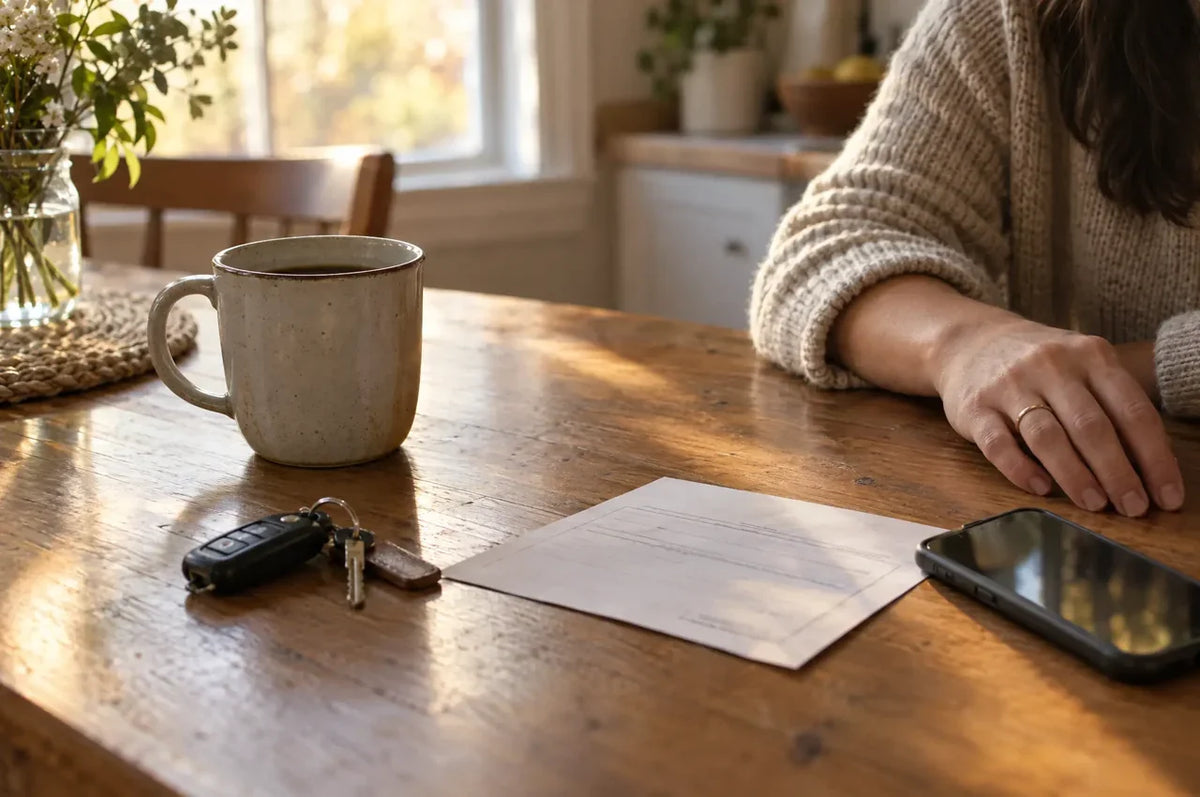 A mother's hand resting beside a cold coffee, car keys and a school permission slip on the kitchen table
