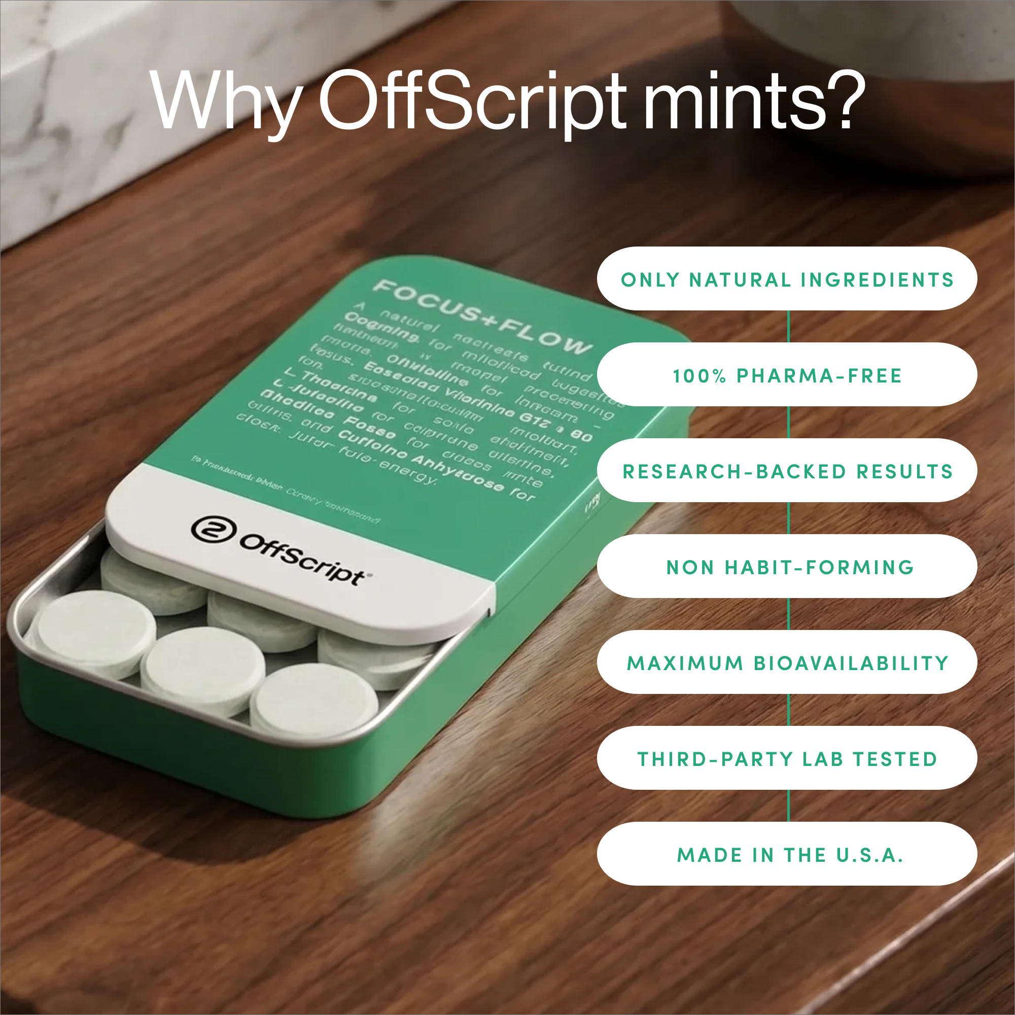 OffScript mints packaging on a wooden surface with features listed.