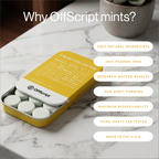 OffScript mints in a yellow tin on a marble surface with text highlighting product features.