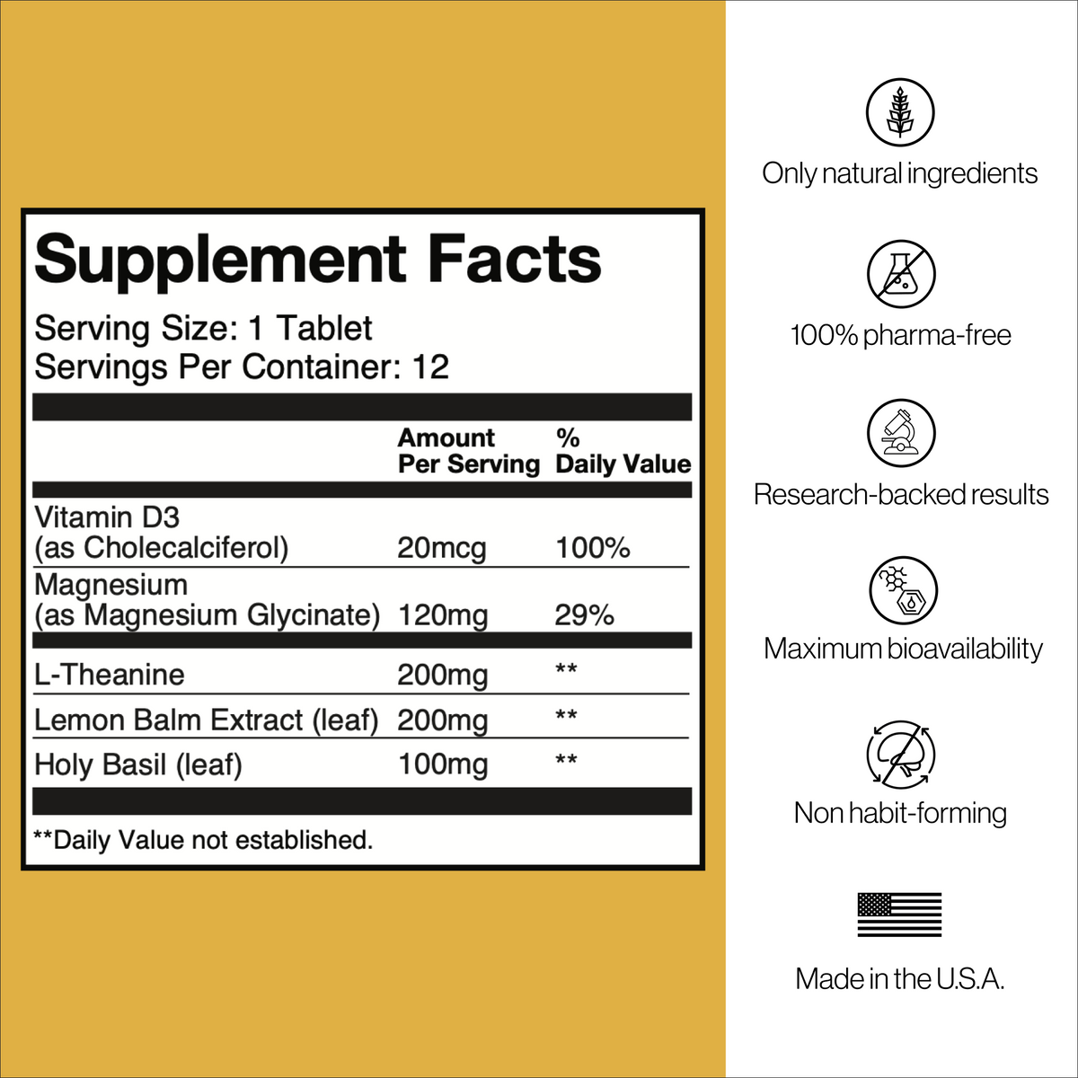 CALM+COLLECTED Supplement Facts: Serving size 1 tablet, 12 servings per container