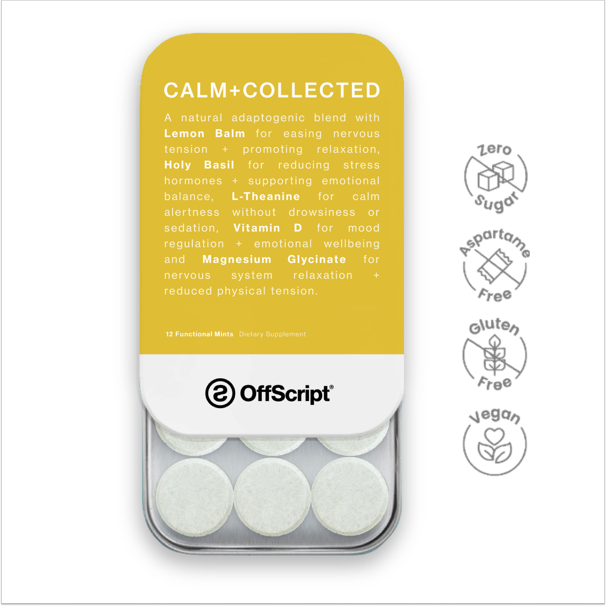 Pack of OffScript mints with a yellow label on a white background