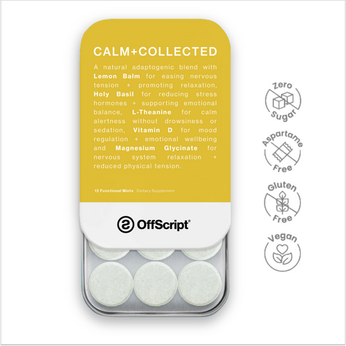 Pack of OffScript mints with a yellow label on a white background