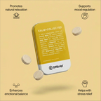 Yellow packaging of 'Calm+Collected' by OffScript with text on a beige background
