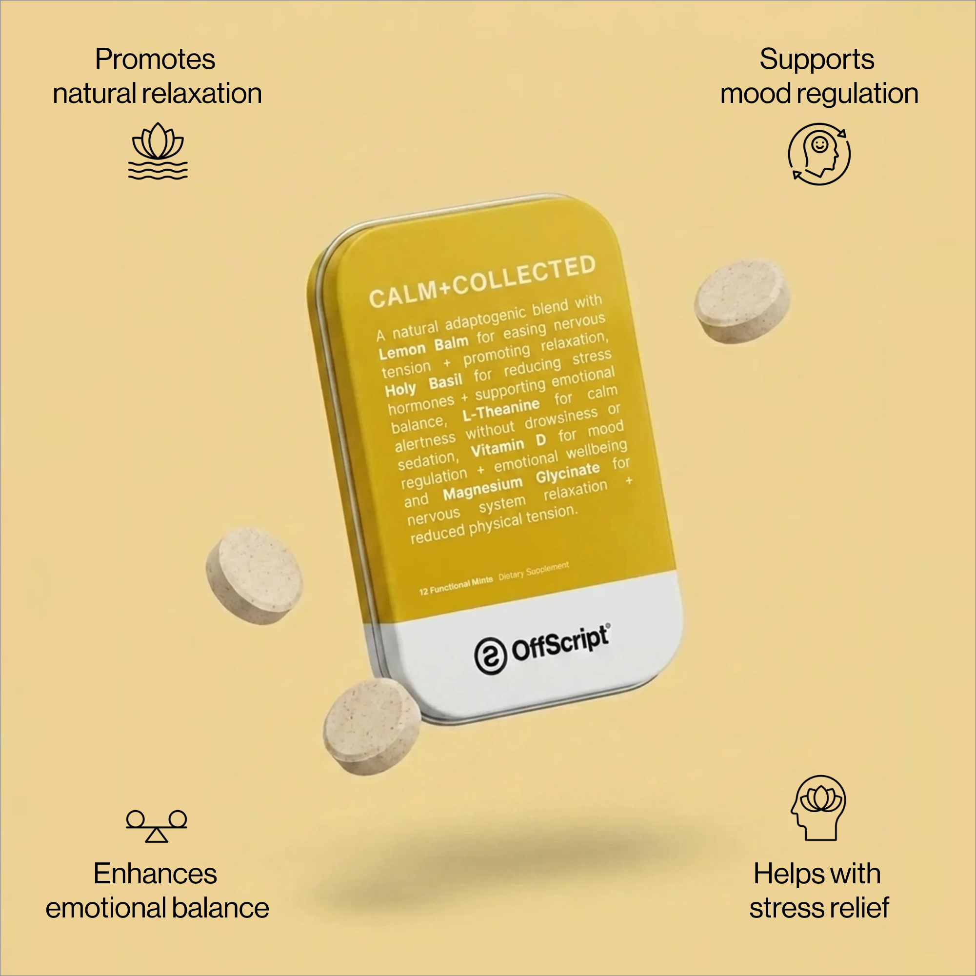 Yellow packaging of 'Calm+Collected' by OffScript with text on a beige background