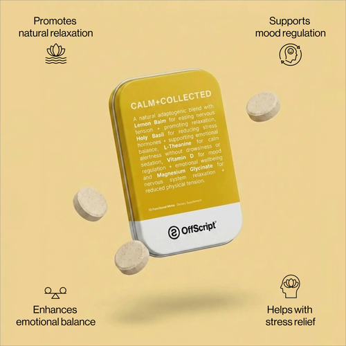 Yellow packaging of 'Calm+Collected' by OffScript with text on a beige background