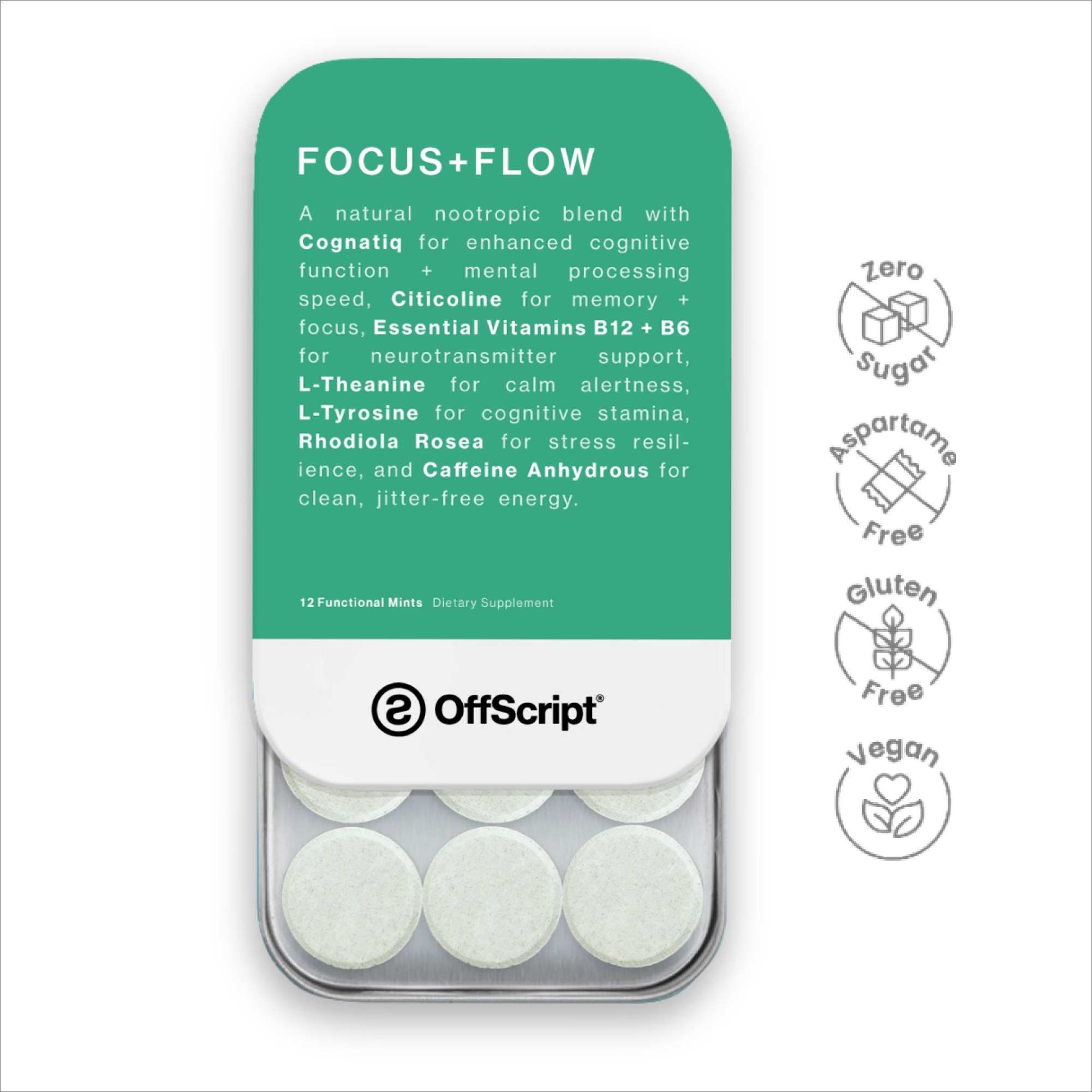 Packaging of OffScript Focus+Flow mints with green label and white mints inside.