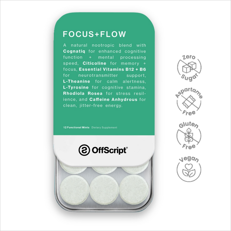 Packaging of OffScript Focus+Flow mints with green label and white mints inside.