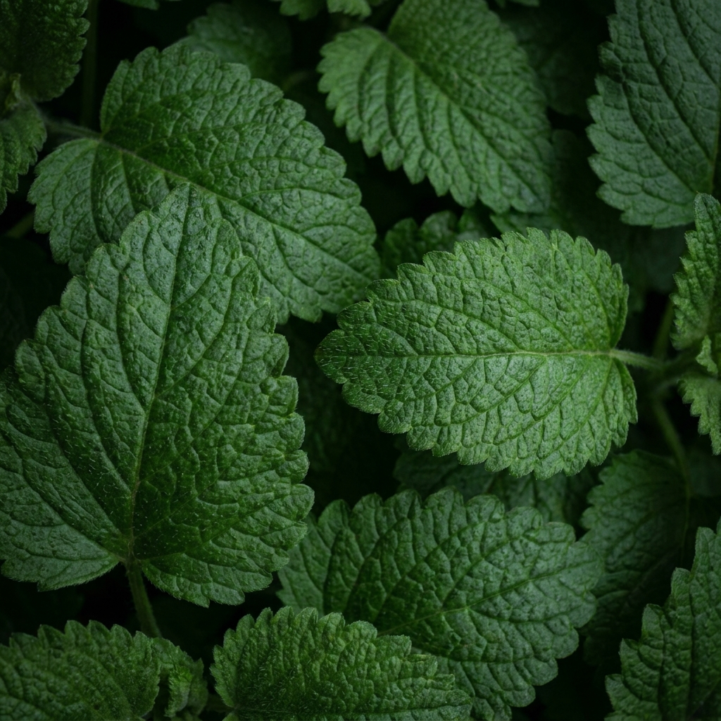 Close-up of green lemon balm leaves with a dark background
