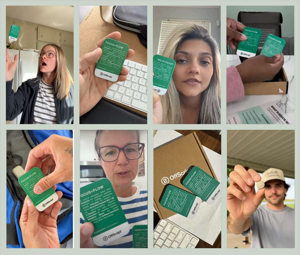 Eight FOCUS+FLOW customers holding the green mint tin at their desks, in their kitchens and on the go