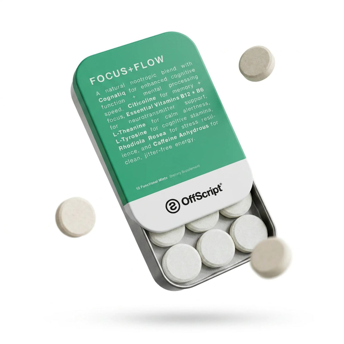 FOCUS+FLOW mint tin sliding open with mints floating around it