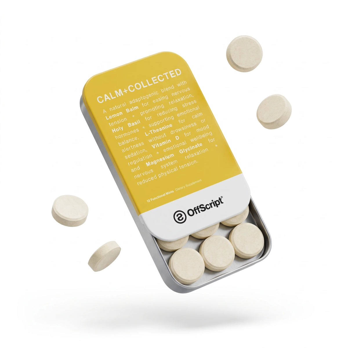 CALM+COLLECTED tin sliding open with mints, goldenrod label
