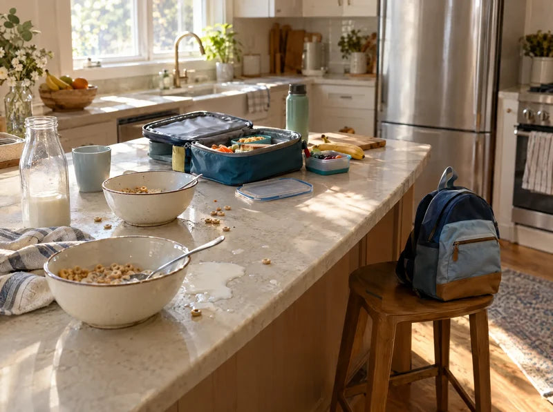 Kitchen counter mid-chaos at breakfast with cereal bowls, spilled milk, an open lunchbox and a backpack