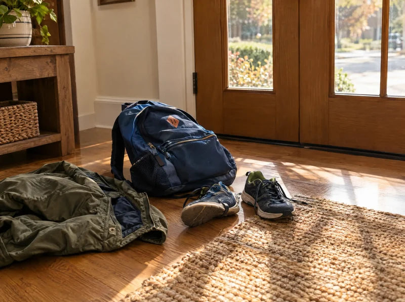 Kid's backpack and sneakers dropped by the front door after school
