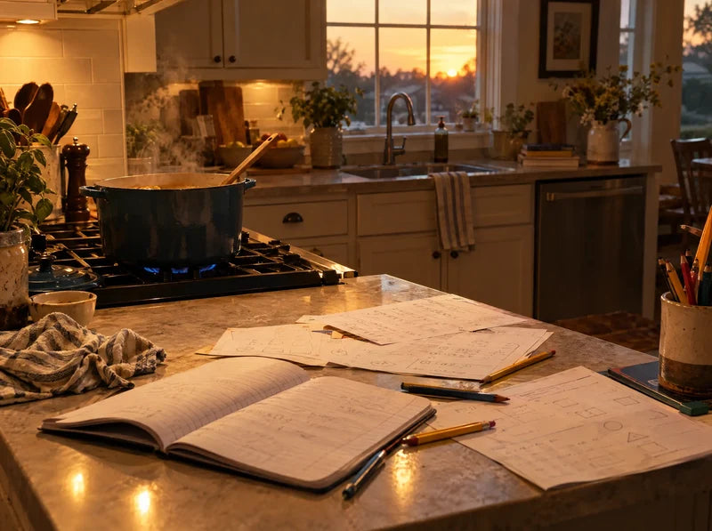 Pot simmering on the stove with homework spread across the kitchen counter