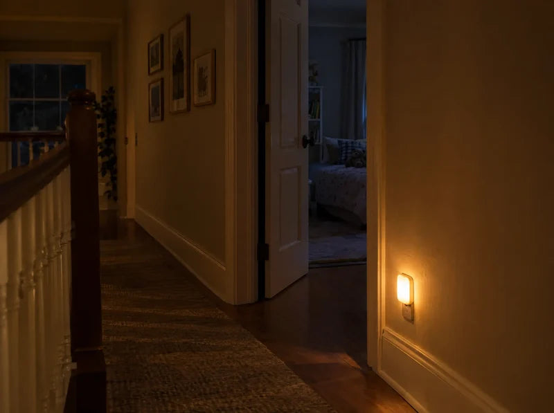 Night light glowing in a dark hallway outside a kid's bedroom door left ajar