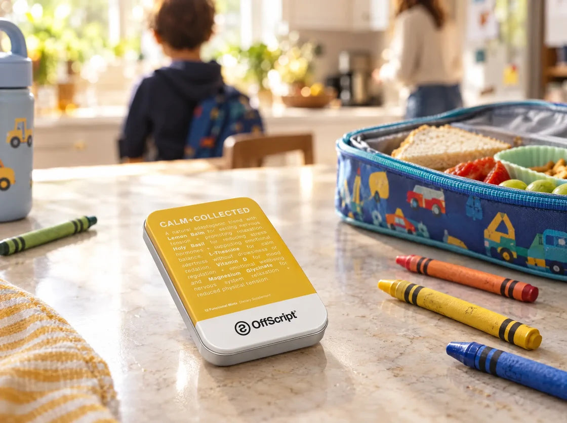 CALM+COLLECTED tin on a family kitchen counter next to an open lunchbox and crayons