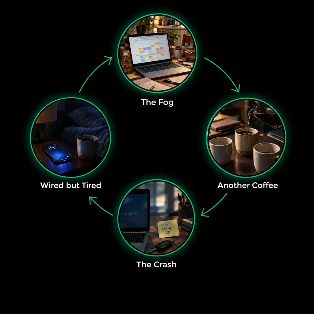 The focus loop for parents: the fog, another coffee, the crash, wired but tired