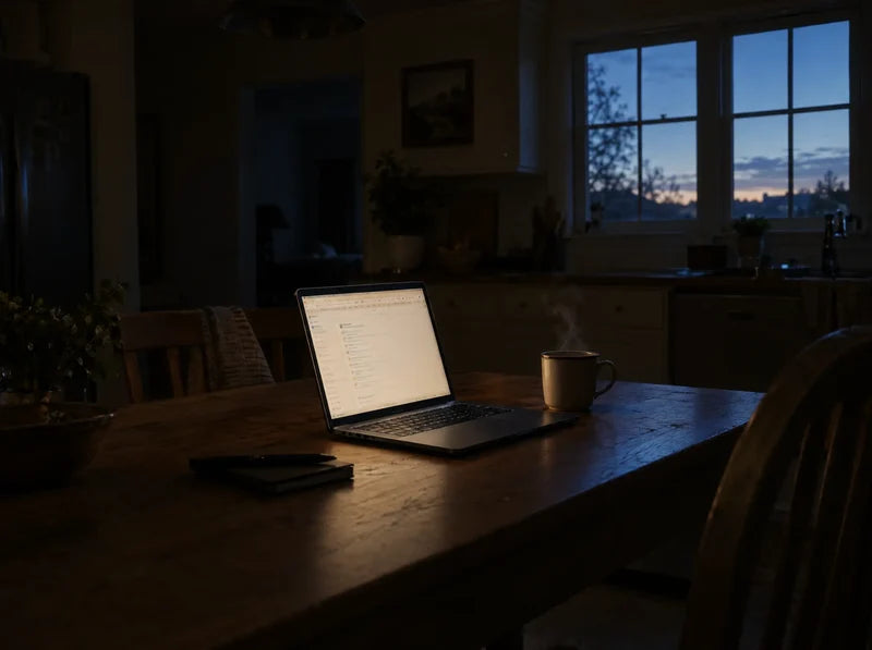 Laptop glowing on a dark kitchen table at dawn next to a mug of coffee