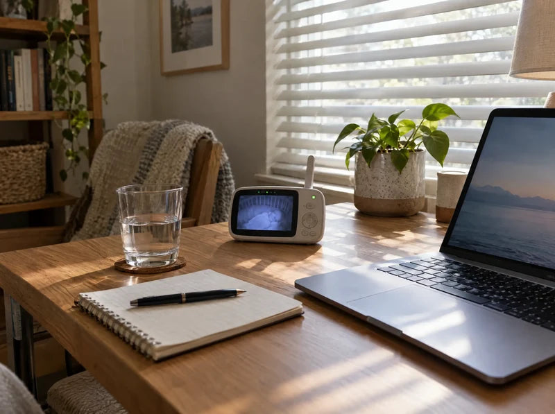 Video baby monitor beside an open laptop and notebook on a home desk during nap time