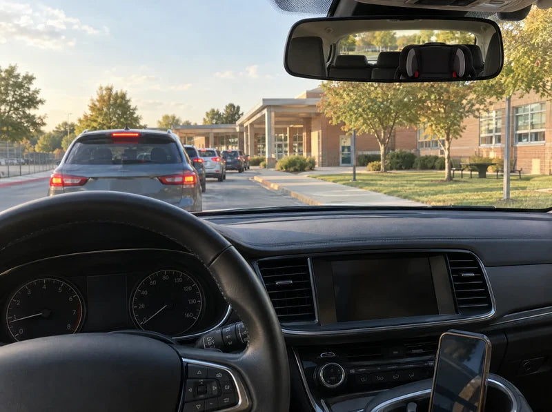 Driver's seat view of a car waiting in the afternoon school pickup line