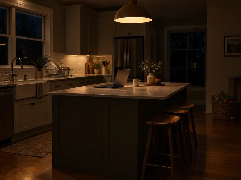 Dim, tidy family kitchen after bedtime with a laptop open under a pendant light