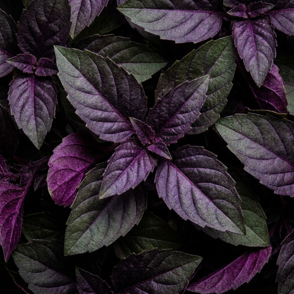 Close-up of purplish green holy basil leaves with a dark background