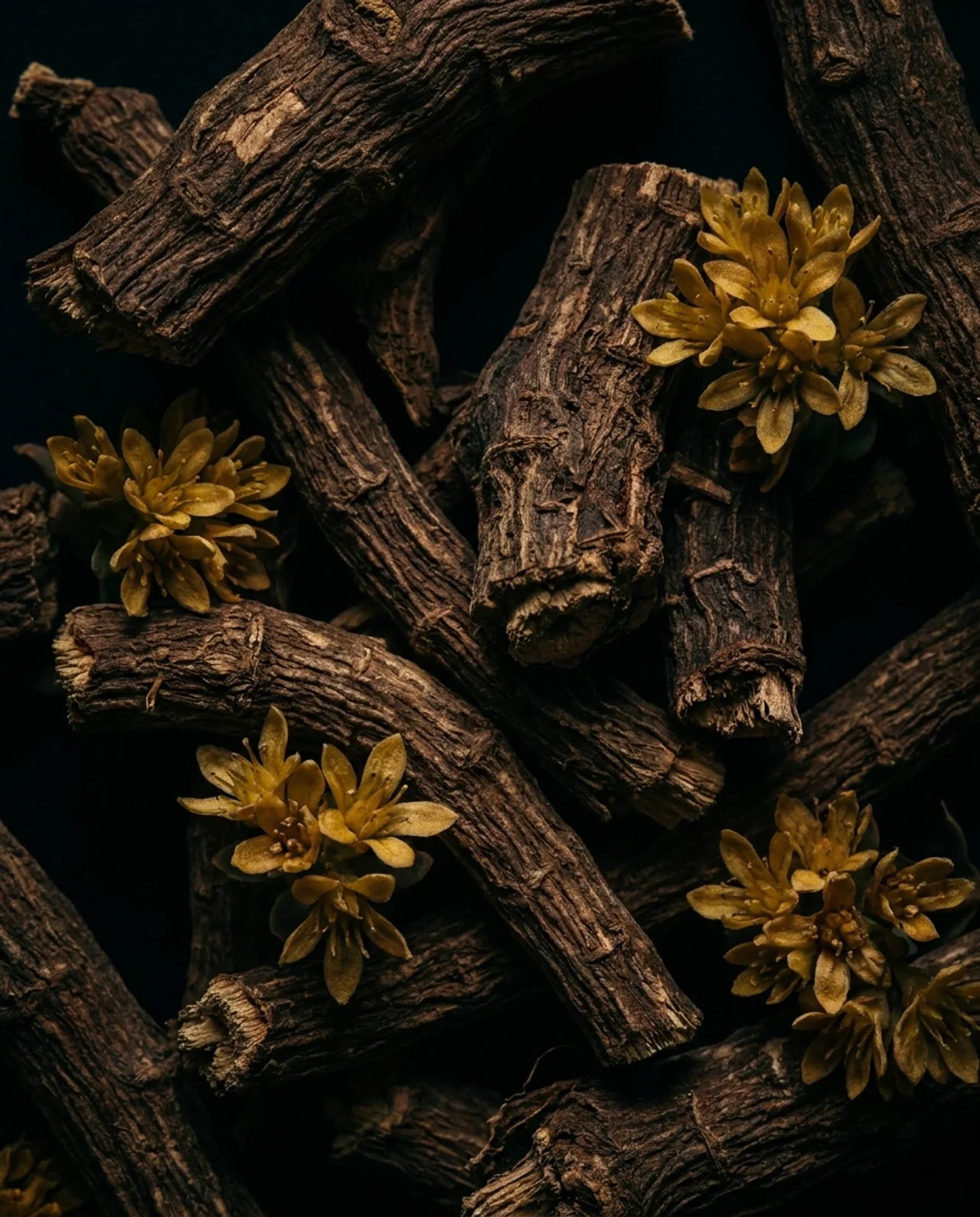 Rhodiola rosea roots and flowers on a dark background