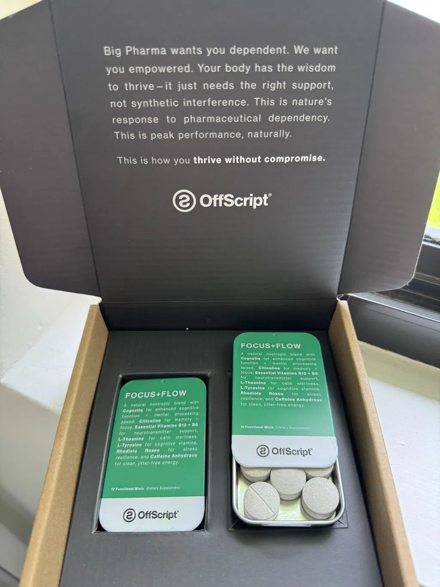 Open OffScript box with two FOCUS+FLOW tins, one open showing the mints
