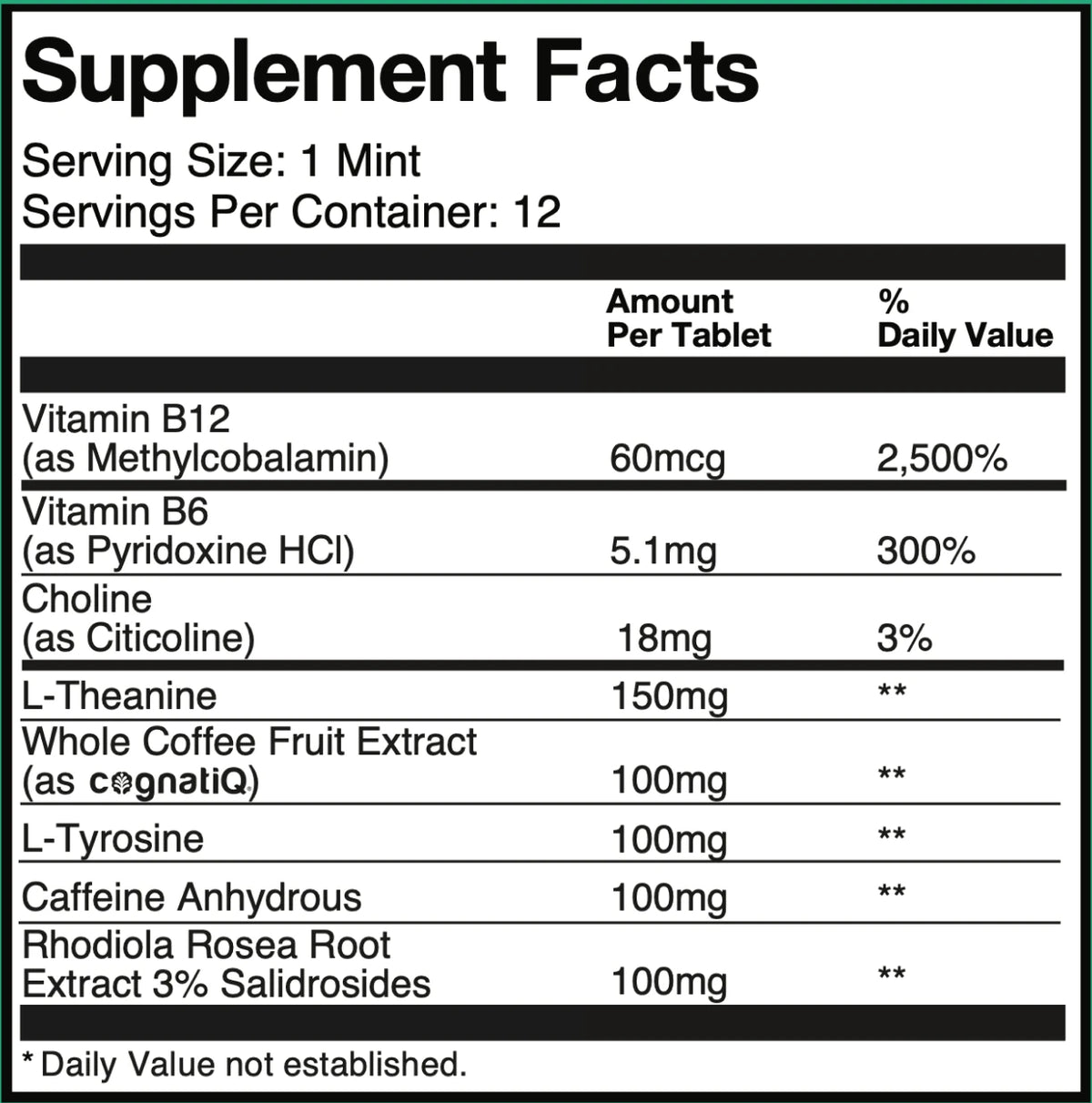 FOCUS+FLOW Supplement Facts: Serving size 1 mint, 12 servings per container