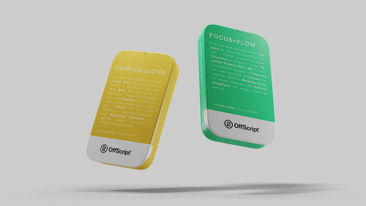 OffScript Focus+Flow and Calm+Collected tins floating on a light background
