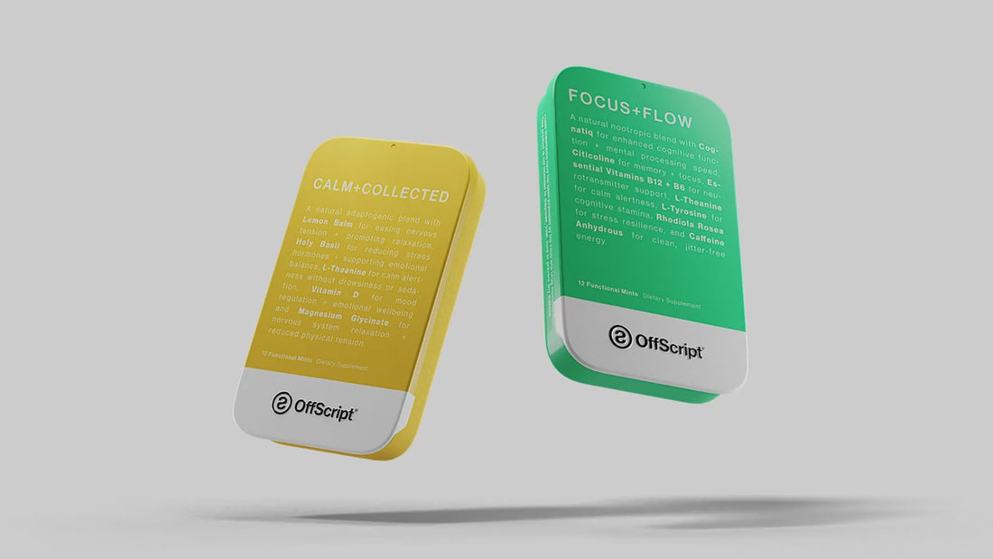 OffScript Focus+Flow and Calm+Collected tins floating on a light background